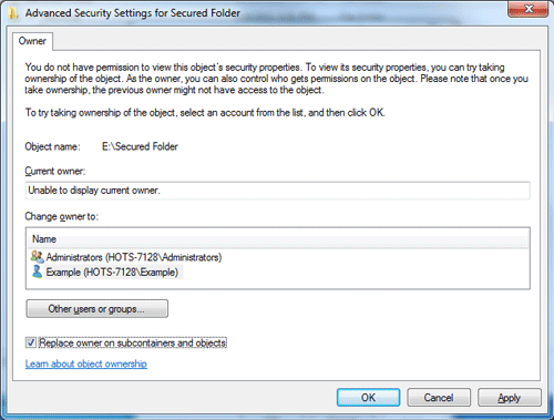 Security Settings, Replace Owner